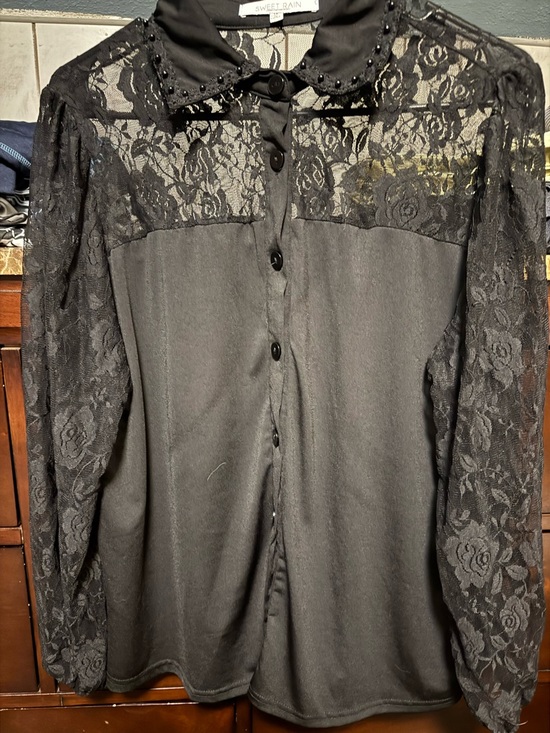 Sweet Rain Tops - Sweet Rain Black Lace Button-Front Blouse with Beaded Collar